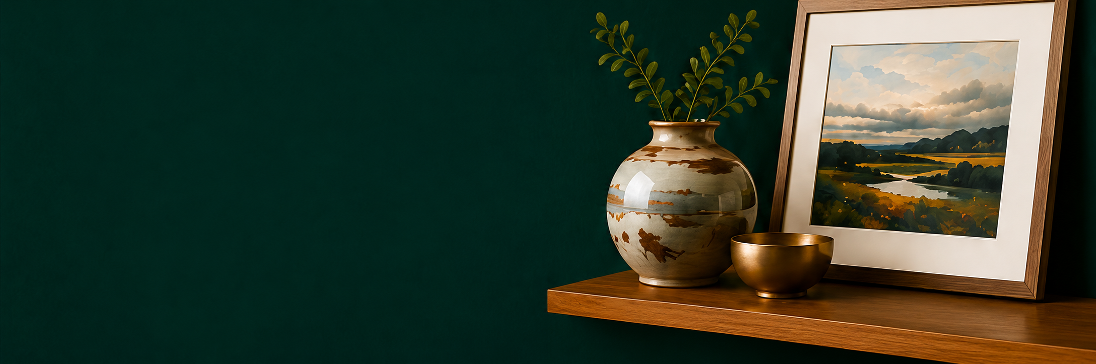 A framed landscape painting and ceramic vase on a wooden shelf
