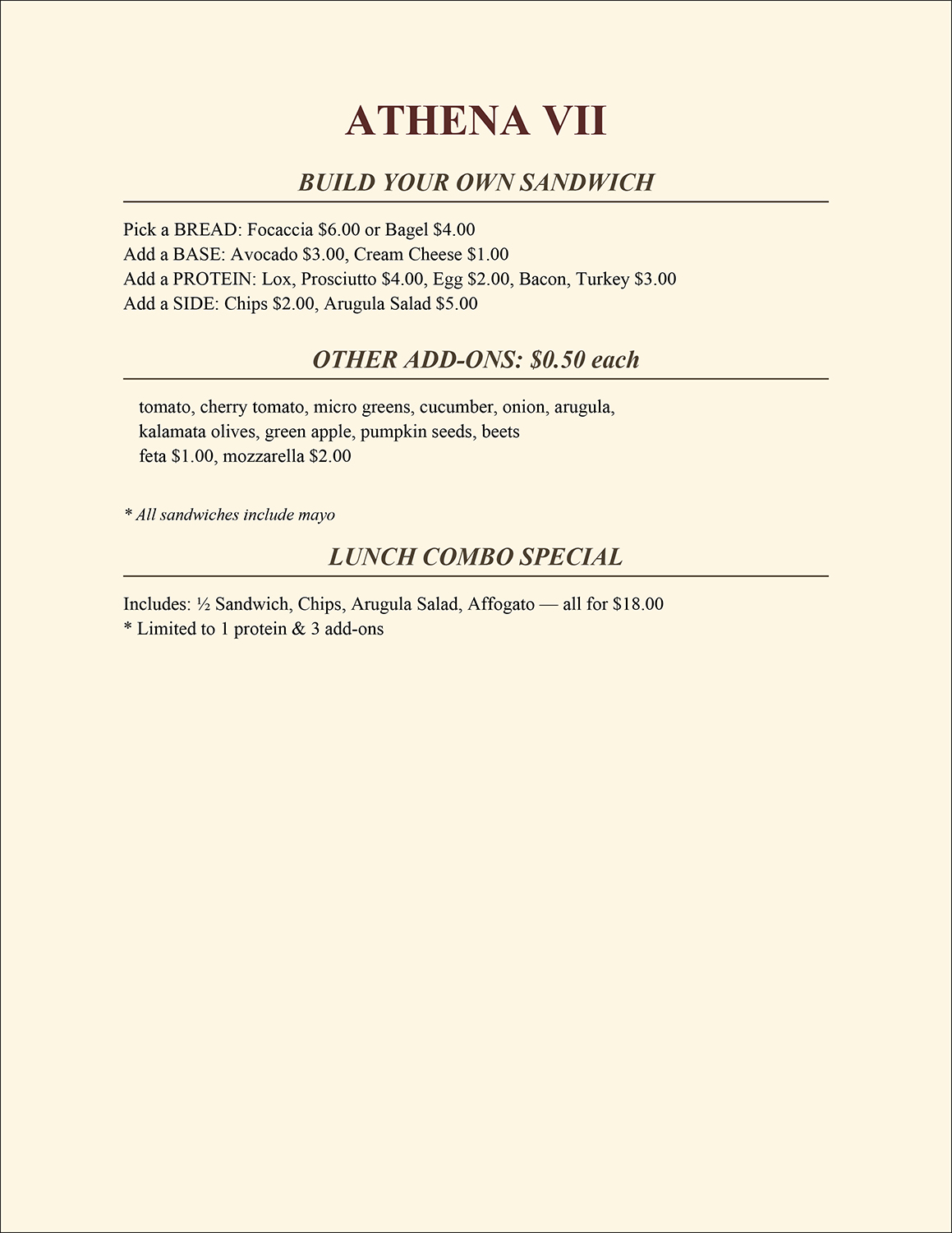 Athena Lunch Menu